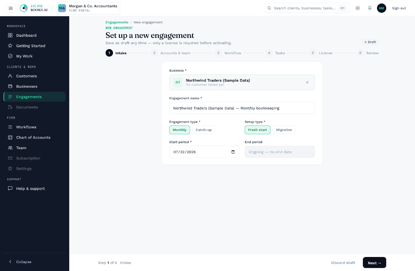 Engagement wizard: intake, accounts and team, workflow, tasks, license, and review — one guided flow.
