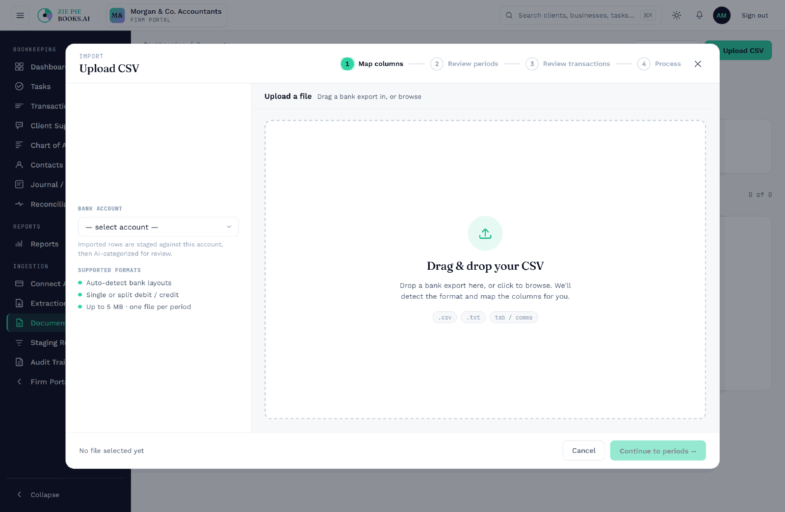 Statement ingestion flow: CSV upload with duplicate detection, then PDF extract with confidence-scored rows, then every source landing in one staging review queue.