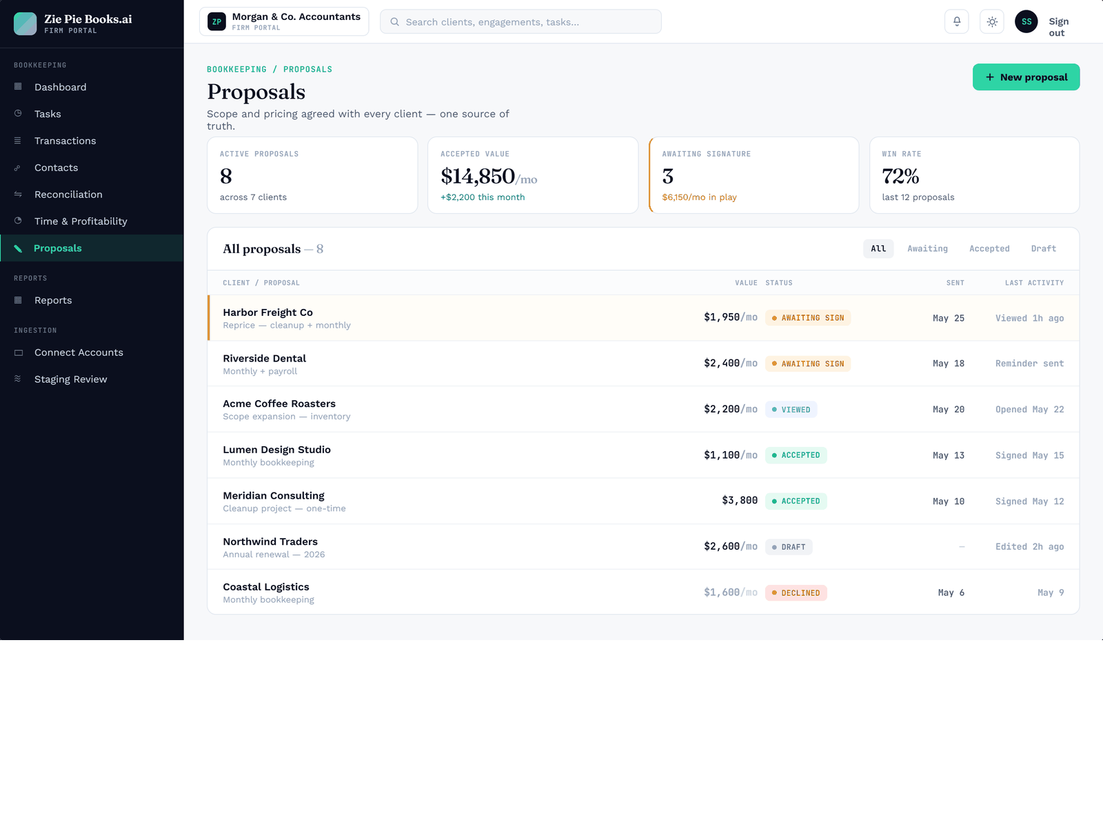Proposals flow: the proposal list, then a proposal detail with scope, pricing, and signature status.
