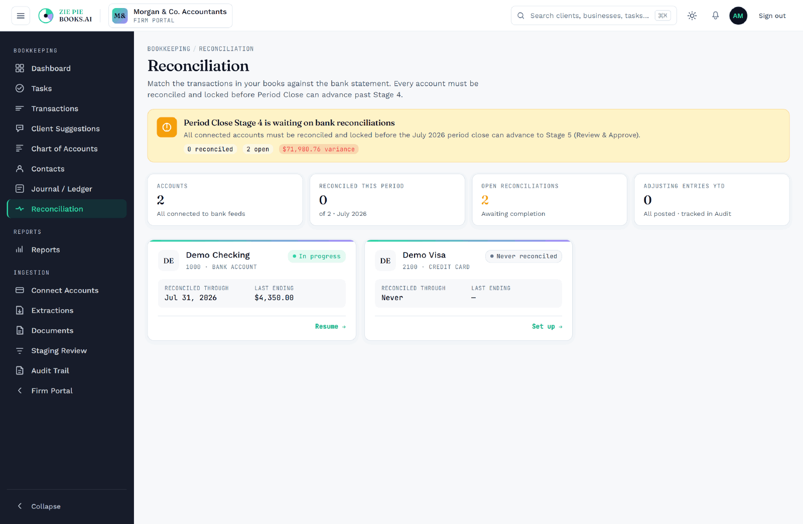 Reconciliation flow: overview, periods, statement, enter statement, then auto-reconciled compare.