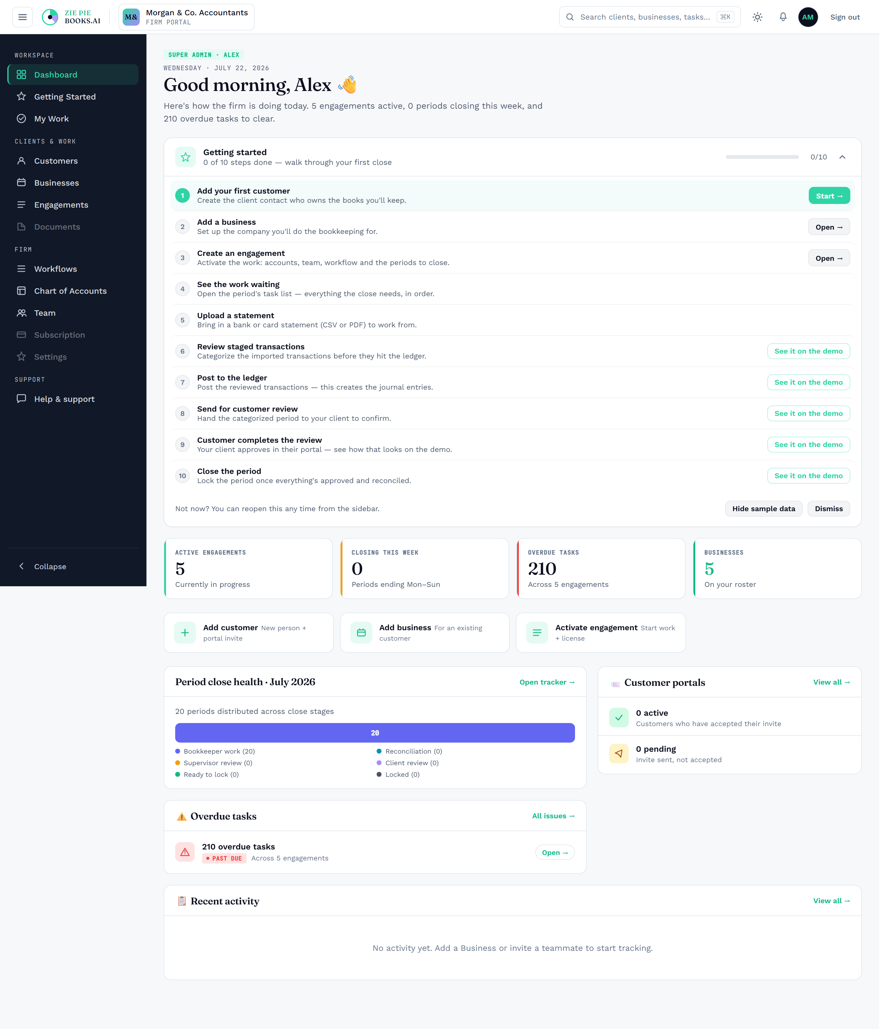 Firm dashboard showing every client, engagement, and period status on one live screen.