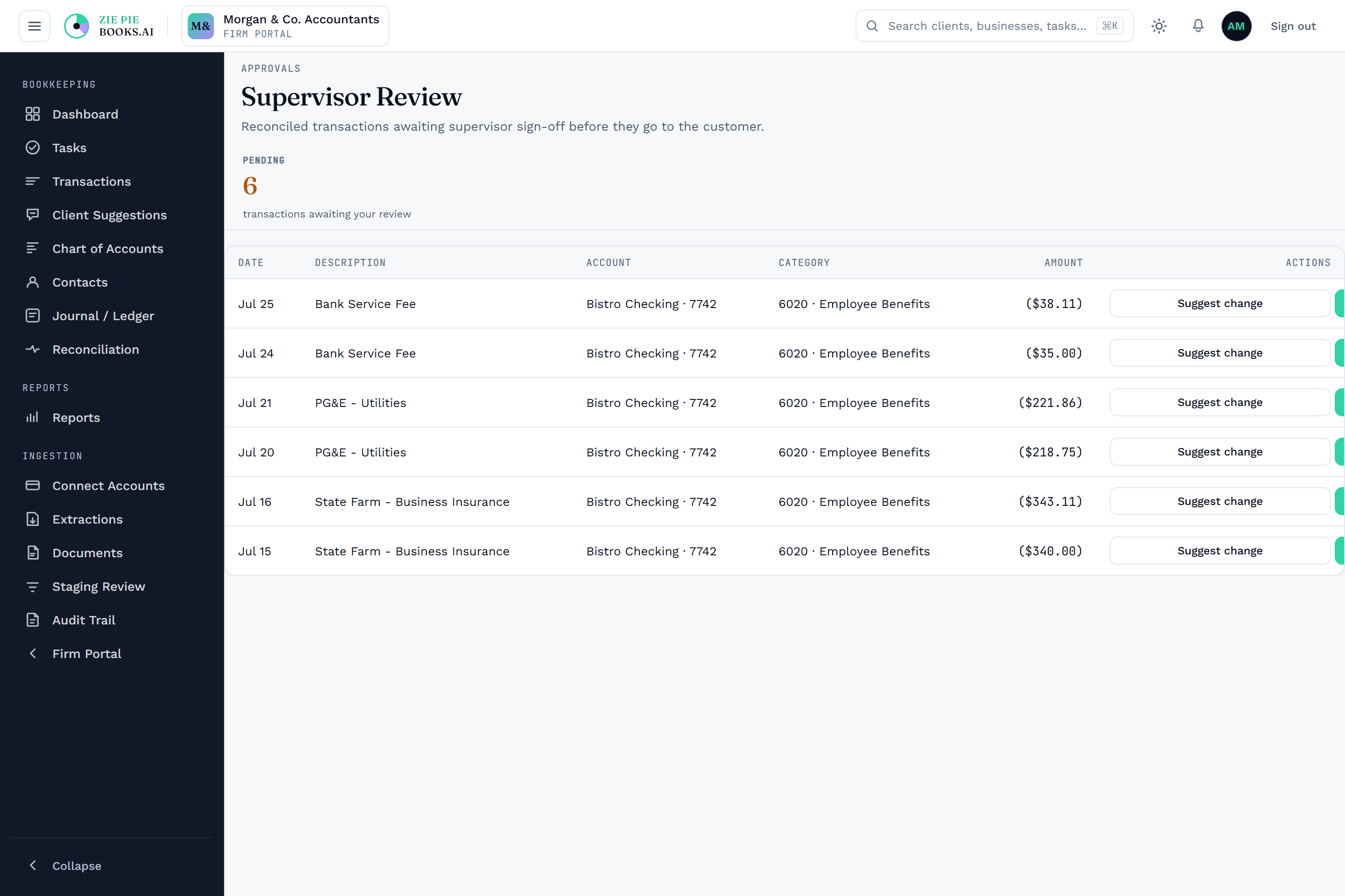 Supervisor review view showing the recorded approval chain each transaction passes through.