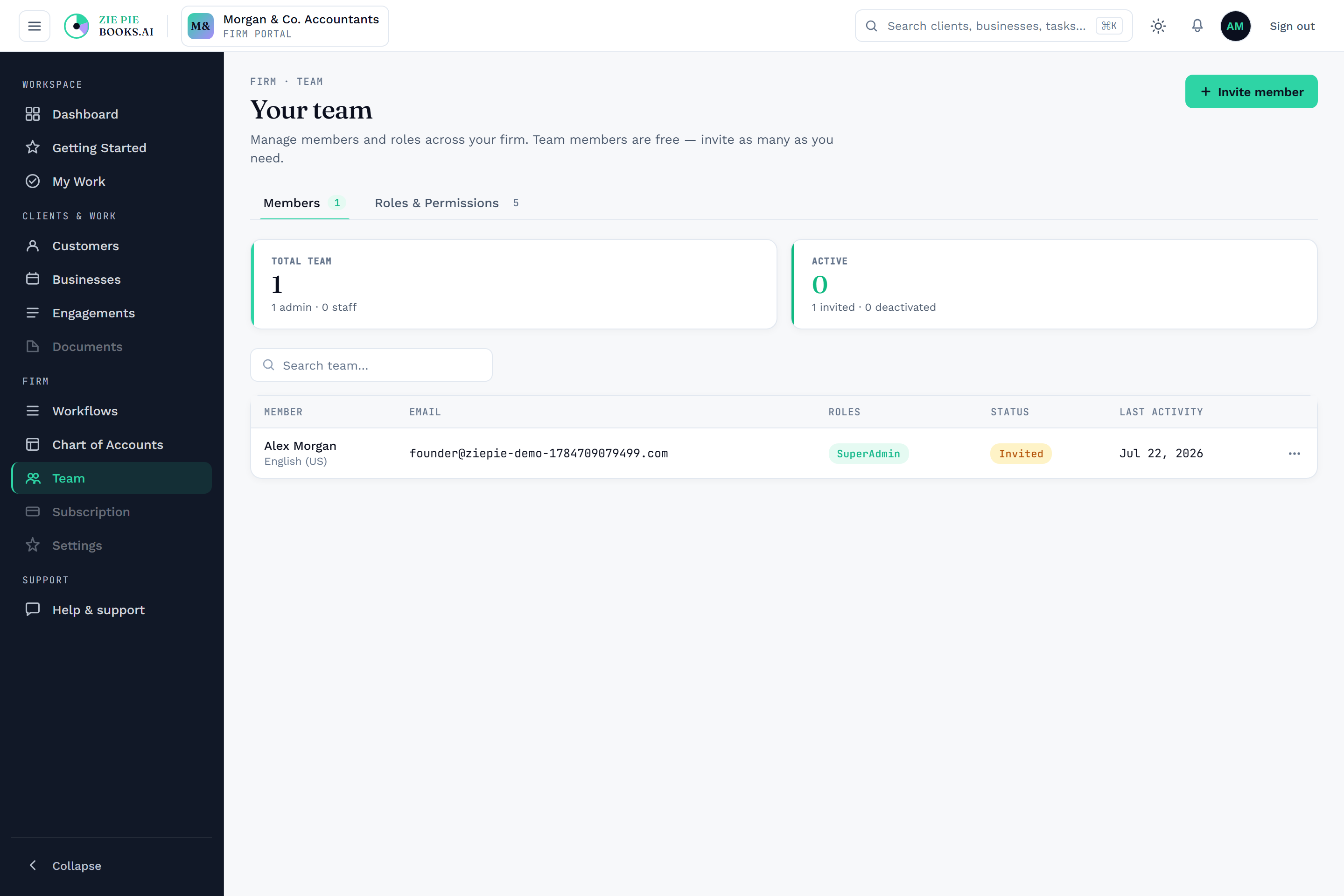 Team page with granular, role-based permissions enforced at every action.